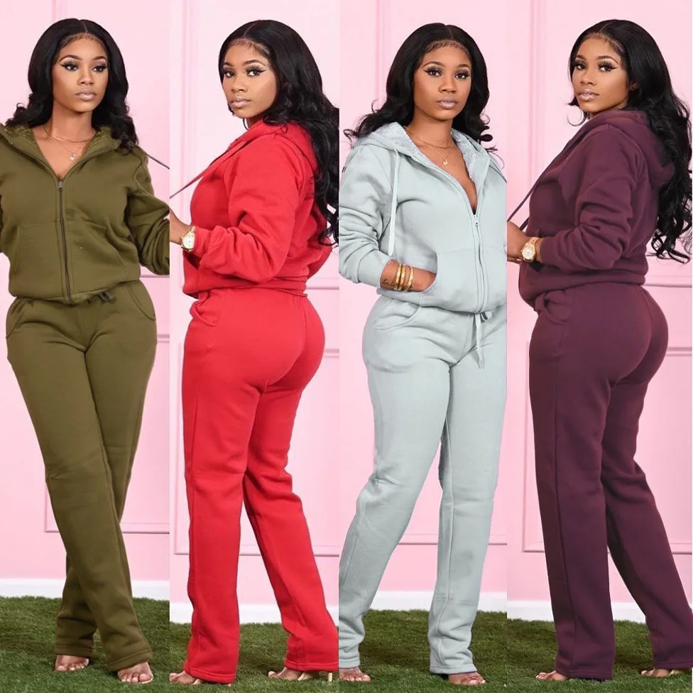 

Спортивный костюм, плотный теплый флисовый спортивный комплект из 2 предметов Для женщин 2020 в спортивном стиле, с длинными рукавами, с капюшоном, на молнии, куртки + свободные штаны Одежда одинакового дизайна