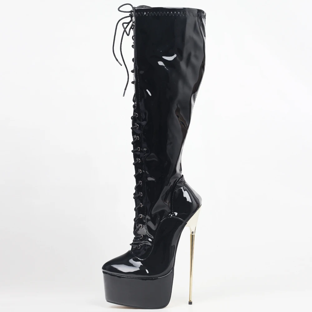 Knee-High Boots 22CM Super High Heel Platform Cross-tied Stiletto Metal Heels Prom shoes Plus Size 36-46