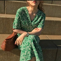 fashion women summer elegant v neck flower long dress green short sleeve high waist a line midi dresses french style