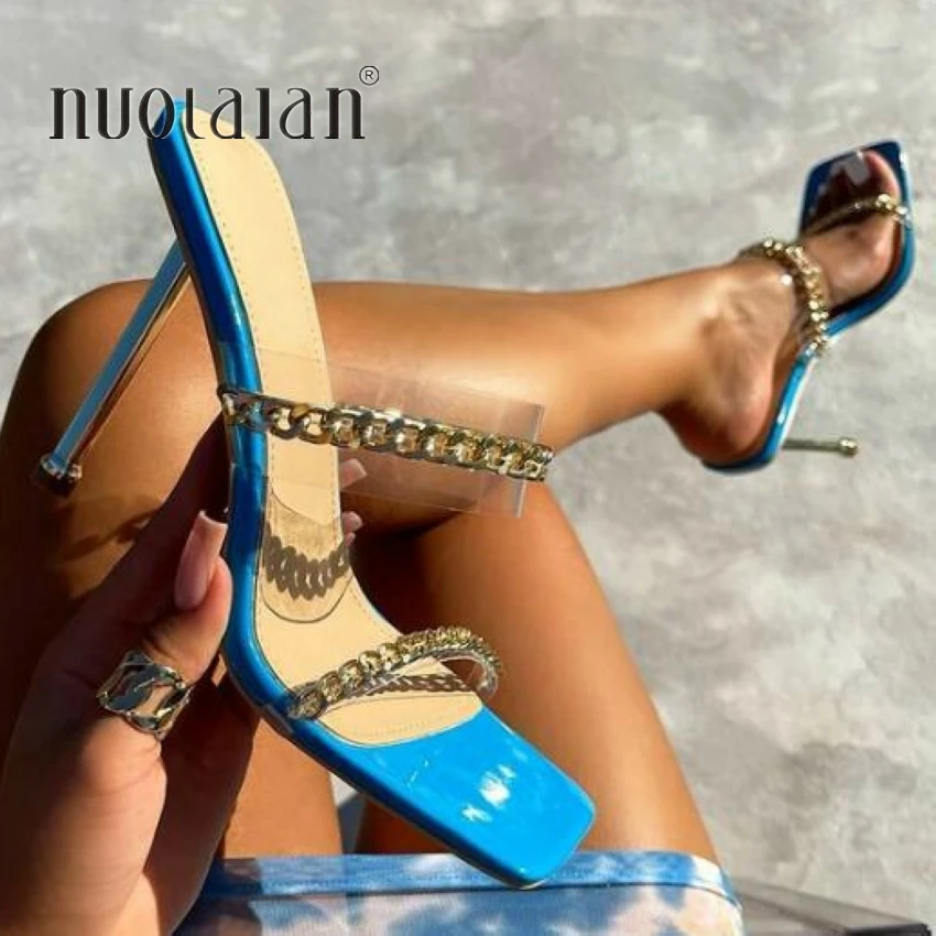 

2022 New Summer Sandals Women PVC Mules high heels Slippers Sandals Sexy Square toe Slides Party Pump Shoes Woman