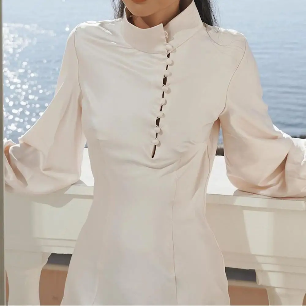 

FAKUNTN Women's Dress Stand Collar Elegant Chic Ladies Long Sleeve Vintage Temperament Sexy Shirt Dresses For Women 2021 New