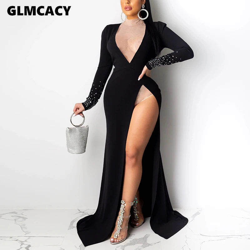 Для женщин длинный рукав макси платье с высоким разрезом сексуальное облегающее