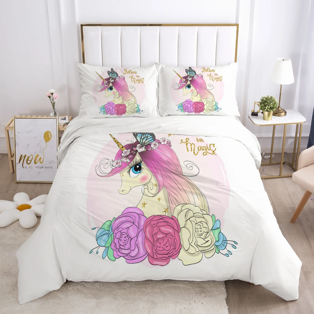 

Cartoon Duvet Cover Set 3D Unicorn Baby Bedding Set For Kids Baby Comforter Cover Pillowcases Girls King Queen Bed Set