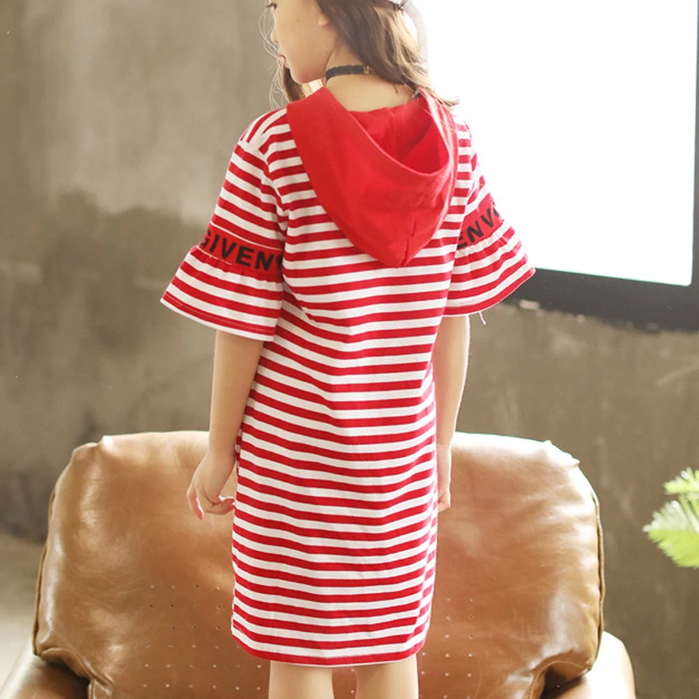 Children Girls Clothes Kids T-shirt Dress Striped Short Sleeve Hooded For Cotton Clothing Cute Outfits 4-8Y | Детская одежда и