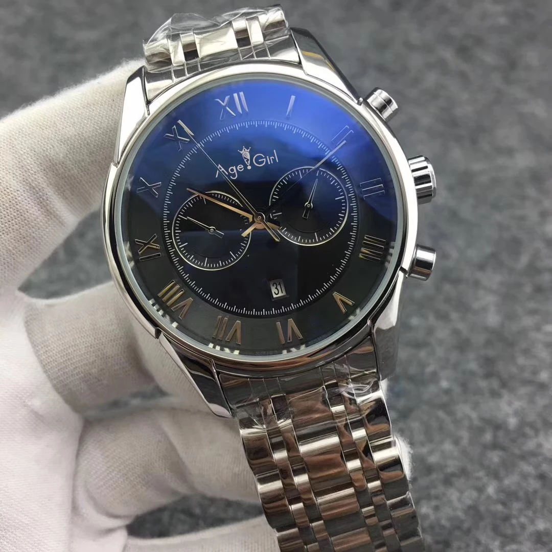 

Classic New Men Automatic Mechanical Watch Steel Silver Leather Black Blue Multifunction Calendar Sapphire Rome Transparent