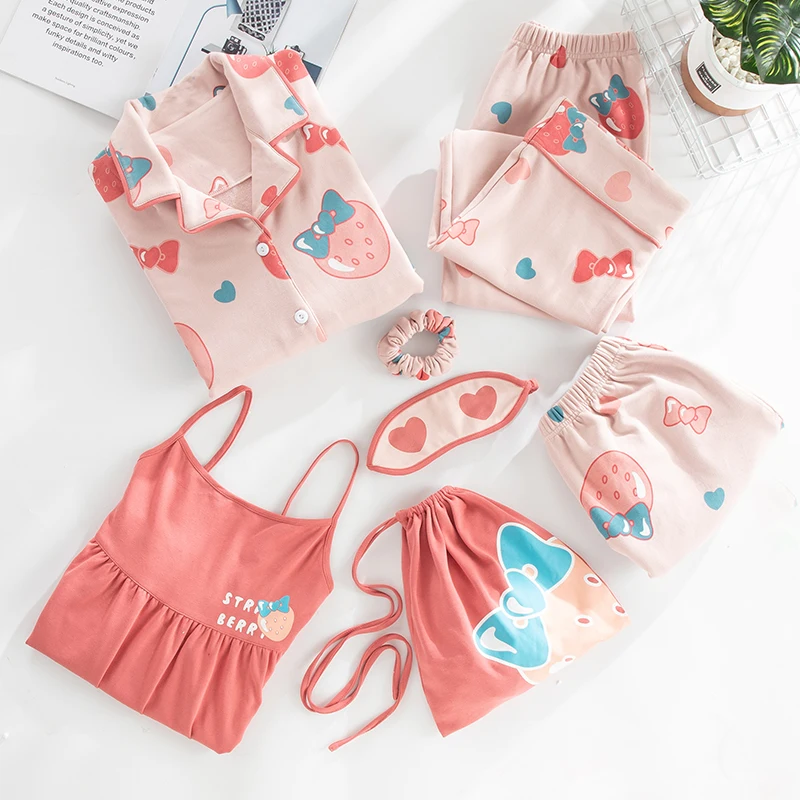 

JRMISSLI 7 Piece sets 100% Cotton Cartoon Pajamas Set Women Nightwear Pants Homewear Ladies Casual Home Clothes Femal