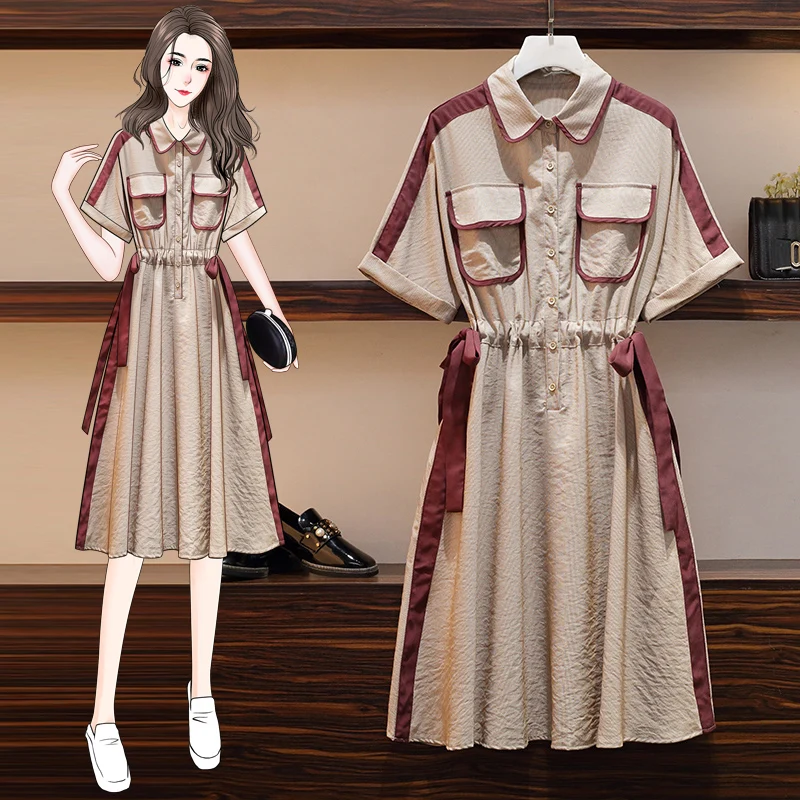 

4XL Plus Size Women Striped Dress Summer 2021 Fashion Short Sleeve Patchwork Drawstring Waist Loose Vintage Shirt Dresses