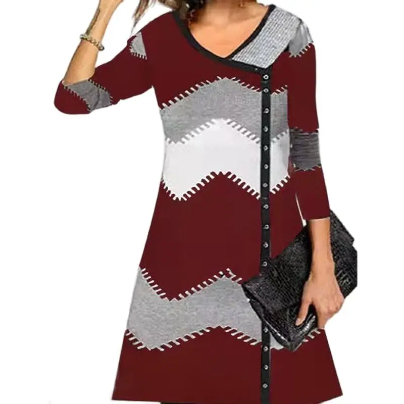 

Fashion Splice Printing Long Sleeve New Ladies Mid Dress For Autumn Women Casual Irregular V-Neck Button Pullover Ladies Dresses