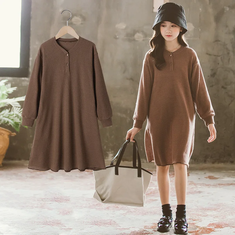 

Платья для девочек, весна и осень 2021, новое однотонное корейское детское платье с длинным рукавом, юбка, детская одежда