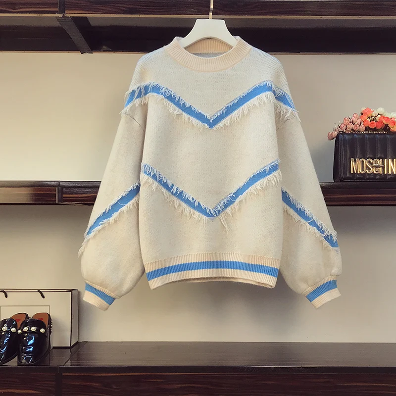 

2020 autumn winter thick oversized sweater women fashion tassel Lantern sleeve striped kint loose pullover jersey mujer