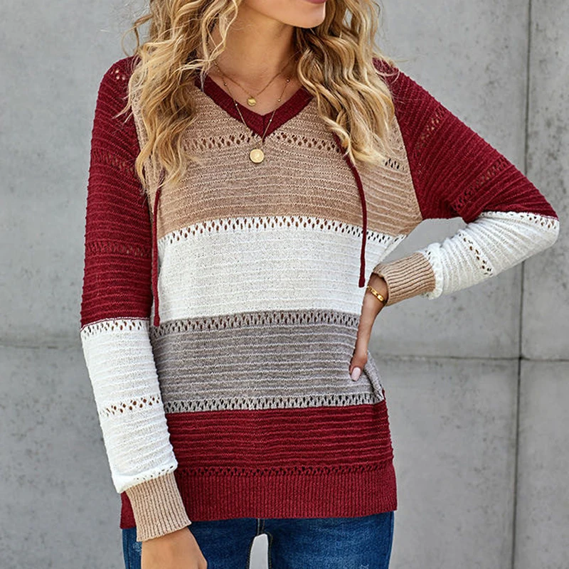 

Lucyever Hooded Women Sweater Autumn Pullover Striped Long Sleeve Knitted Jumper Causal V Neck Loose Fashion Ladies Tops 2021
