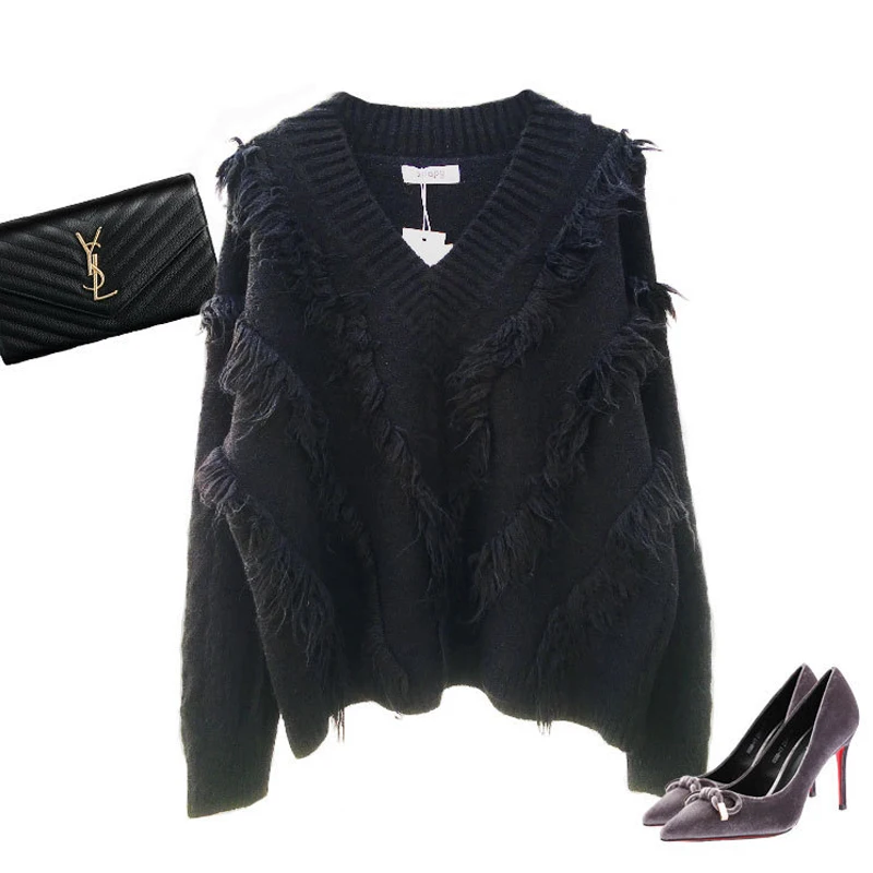Autumn Winter Solid Knitted V--Neck Sweater Women Casual Loose TOP Female Long Sleeve Knit Tassel Sweaters | Женская одежда