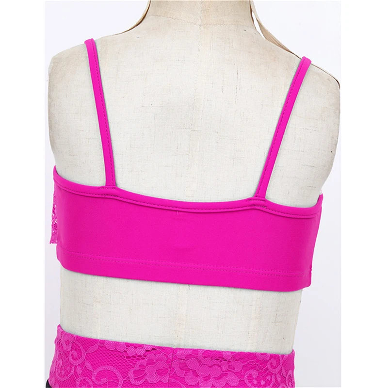 Children Sportswear 2PCS Kids Lace Floral Spaghetti Straps Crop Tops Bottoms Suits Girls Workout Tankini Swim Dance Outfit |