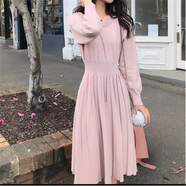 Pink Thick Knitted Korrean, платье-свитер, модные женские вязаные платья, элегантные женские плиссированные свитера с высокой талией, платье, зимние женские платья в винтажном стиле платья женские вязаное платье трикотажное платье - Цвет: Pink Thick Knitted