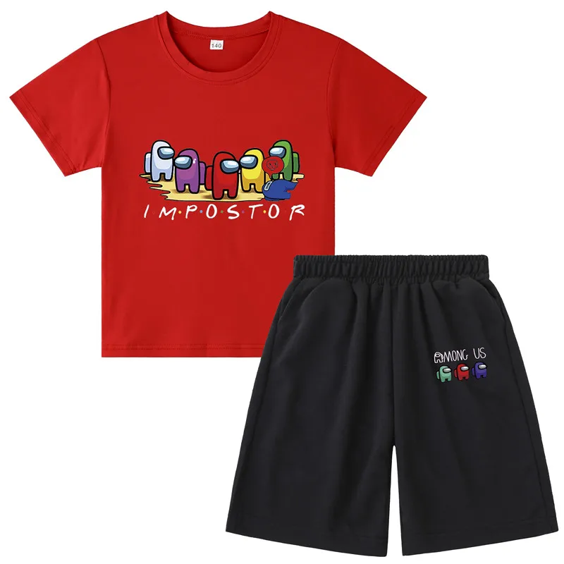 

New Fashion Girls Boys Short Sleeve Cartoon T-shirt Tops and Shorts Pajamas Sets Boys Christmas Clothes Game Among Us Crewmate
