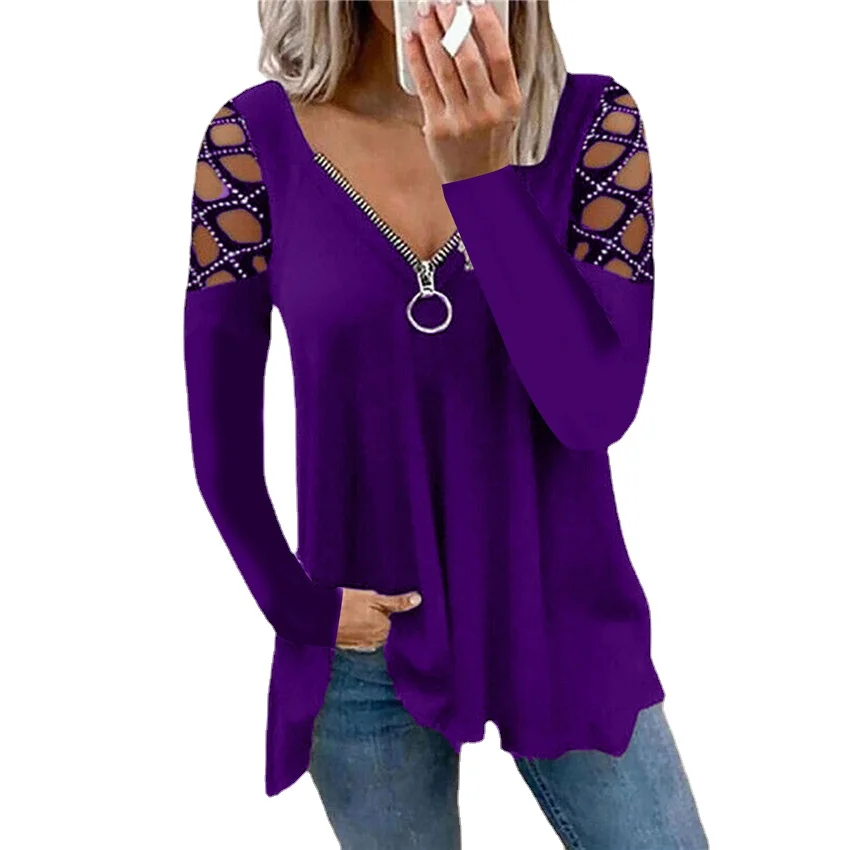 

Shirts for Women 2021 Autumn and Winter New Fashion Sexy V-neck Solid Color Hollow Long-sleeved Hot Diamond Casual Top Women T