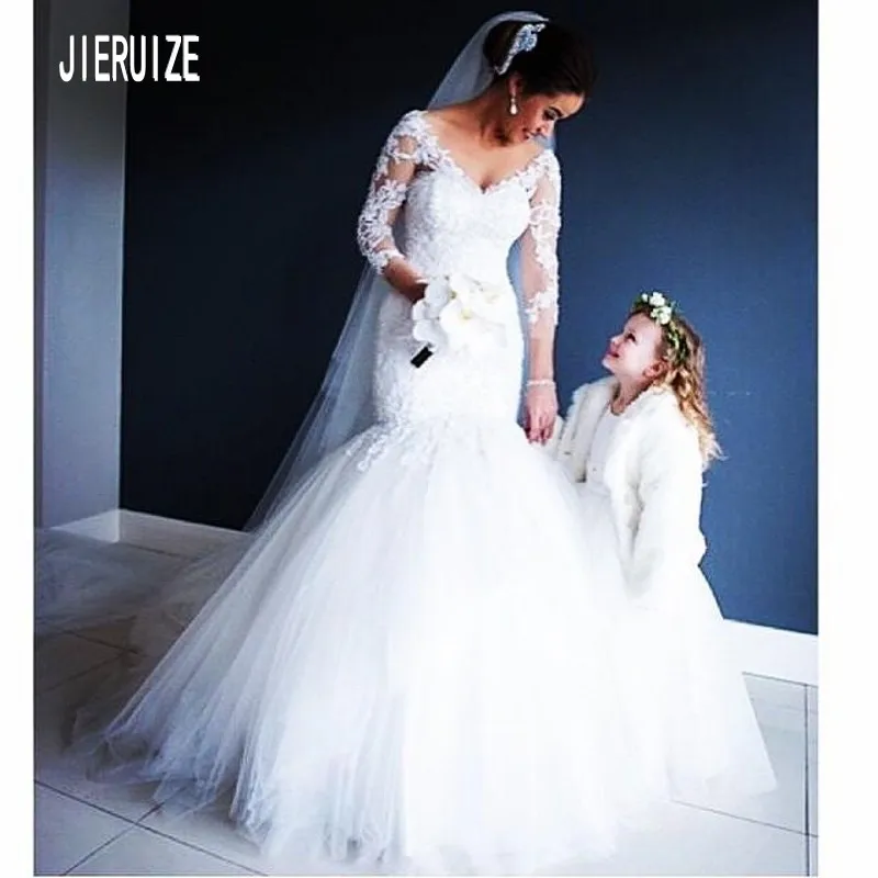 

JIERUIZE Elegant V Neck Mermaid Wedding Dresses 3/4 Sleeves Lace Up Back White Appliques Wedding Bridal Gowns Robe De Mariee