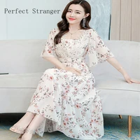 2021 summer women dresses bohemian style v collar lace flare sleeve floral chiffon long dress high quality s 3xl