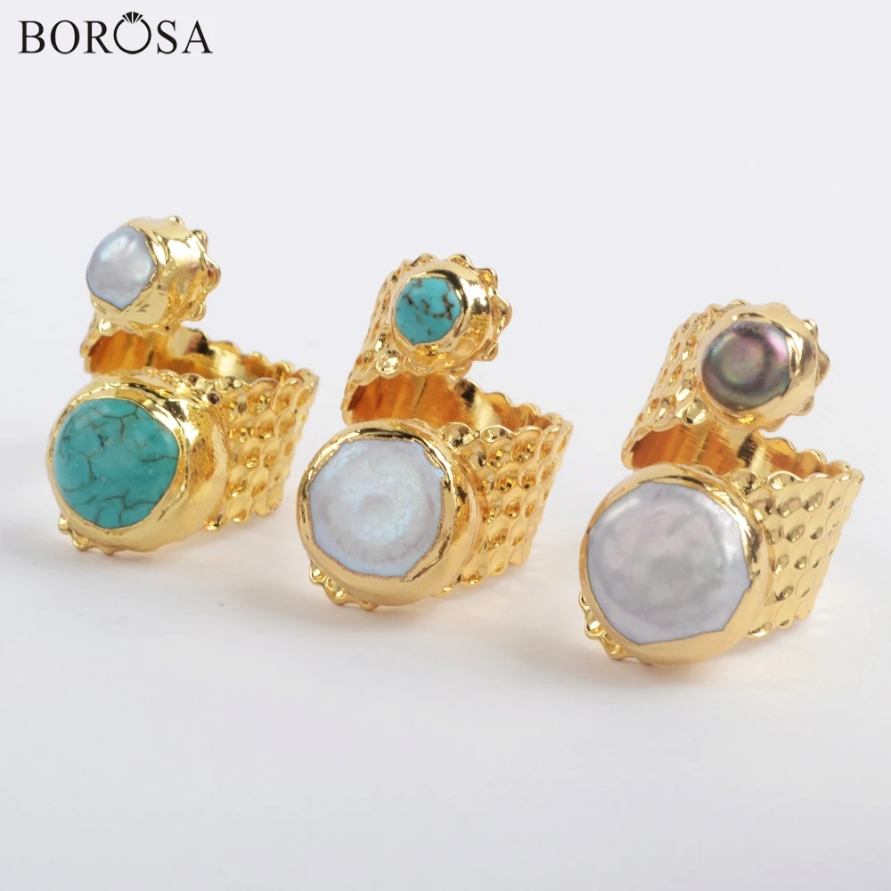 BOROSA 5 шт. позолоченный натуральный белый и черный натуральный шарф с жемчугом кольцо синий Howlite& Белый жемчуг битые кольца ювелирные изделия G1883
