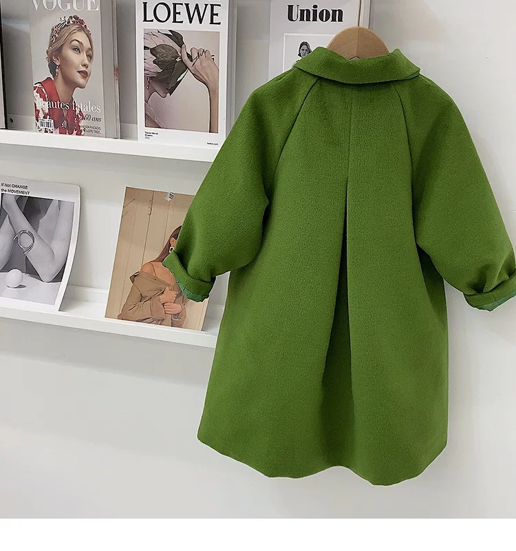 Осенне-зимнее плотное теплое зеленое длинное шерстяное пальто для маленьких