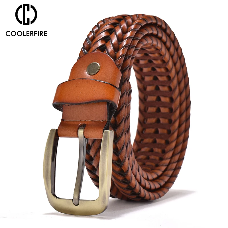 Men Genuine Leather Braided Belts Webbing High Quality Hand Vintage Belts for Men Gold Pin Buckle Casual for Jeans Strap HQ212