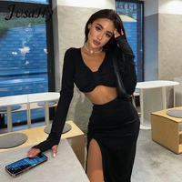 jusahy elegant solid black womens two pieces sets long sleeves crop top high waist side slit skirts matching streetwear hot