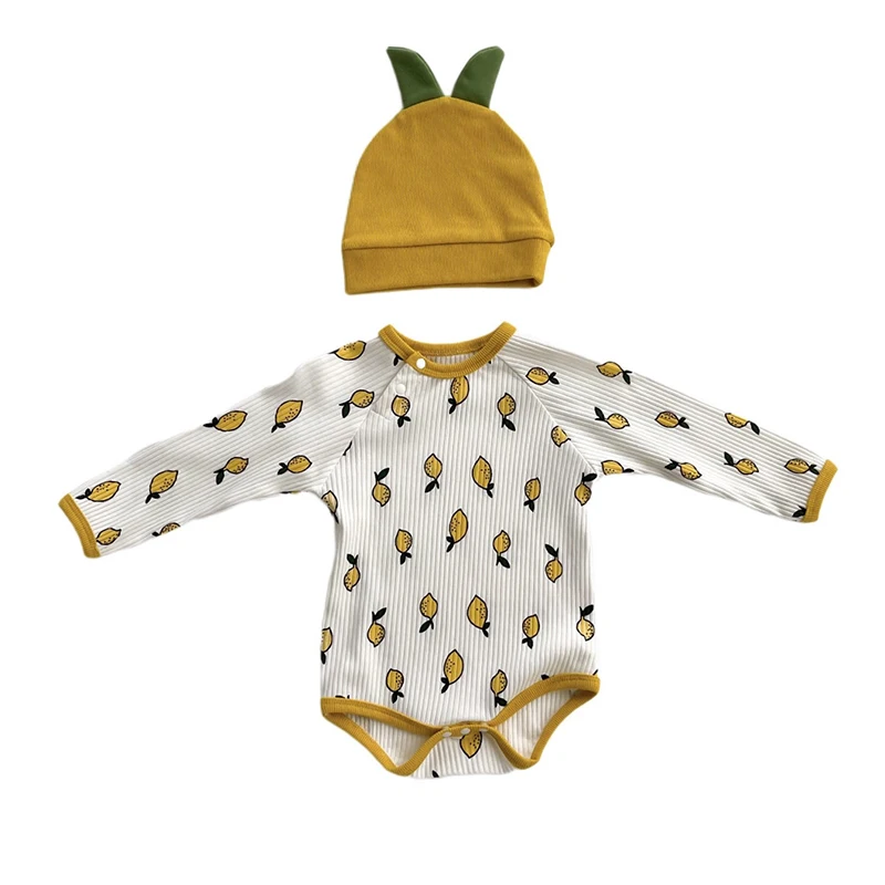 

Хлопковый весенний комбинезон с шапкой для новорожденных, Осенний комбинезон с длинным рукавом и принтом лимона для младенцев, лидер прода...