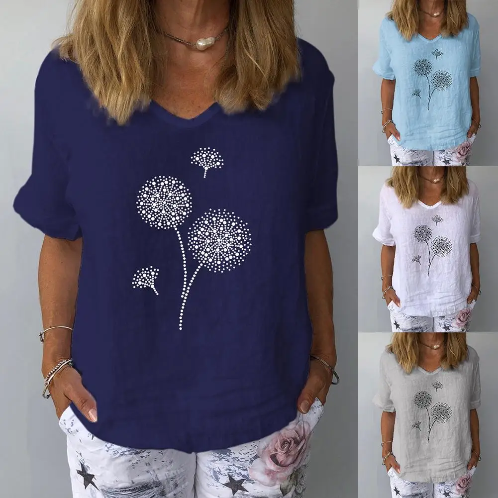 

Women Casual V Neck Short Sleeve Dandelion Print Cotton Linen Blouse Top T-shirt