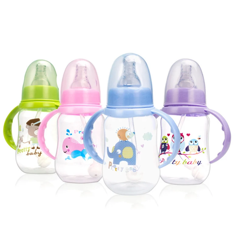 

1pcs150ML Newborn Baby Bottle with Curved Handle Anti-drop PP Material Cross-hole Pacifier 360-degree Straw Kids Feeding Bottles