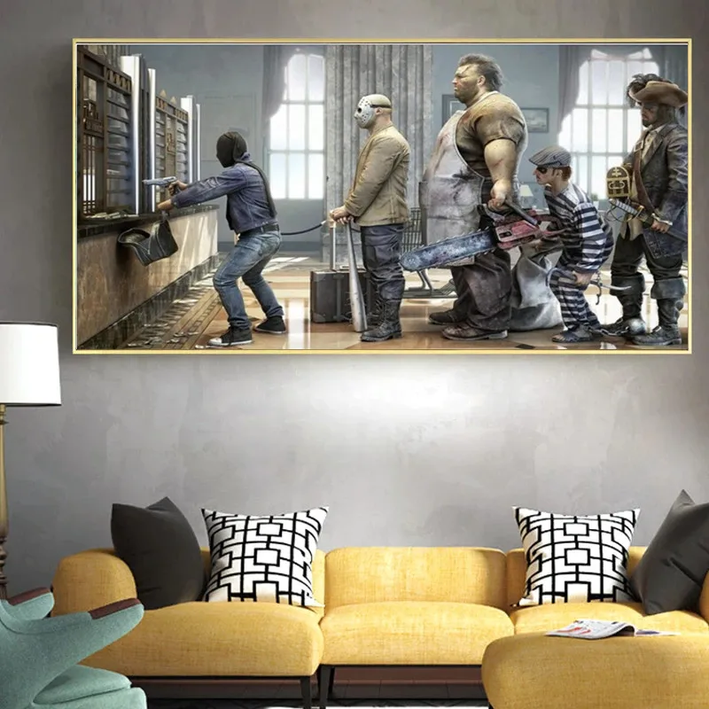 

Funny Art Canvas Painting Robbers Queue Rob Bank Poster and Prints Humor Wall Art Picture for Living Room Decor Figure Painting