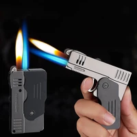 metal windproof butane gas lighters grinding wheel lighter double fire cigarette lighter free fire jet torch deformation pistol