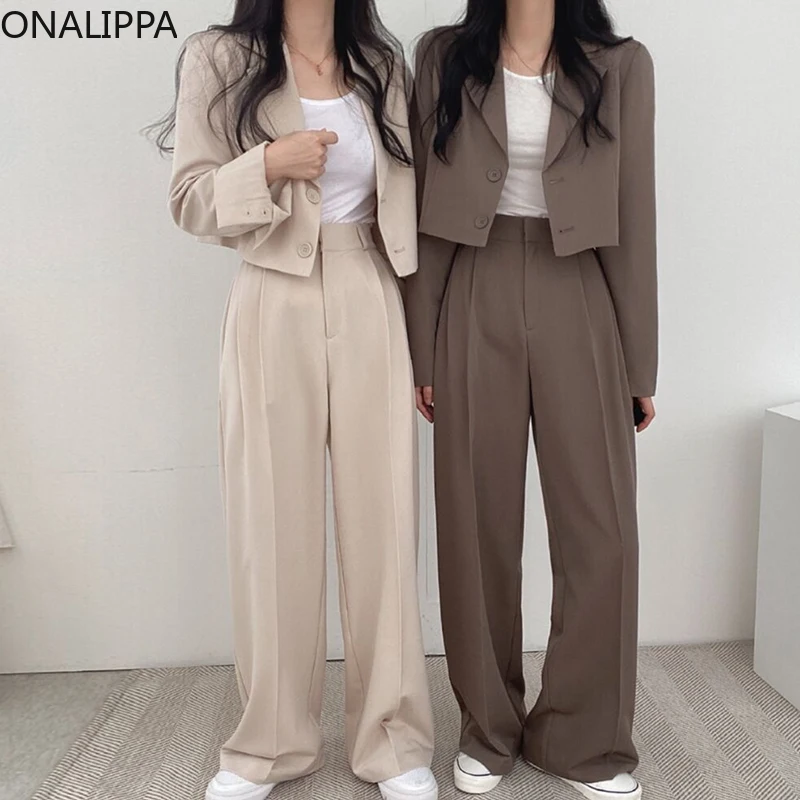 

ONALIPPA Pants Set Women 2021 Autumn Korean Chic Temperament Lapel Two Button Short Jacket High-Waisted Wide-Leg Suit Trousers