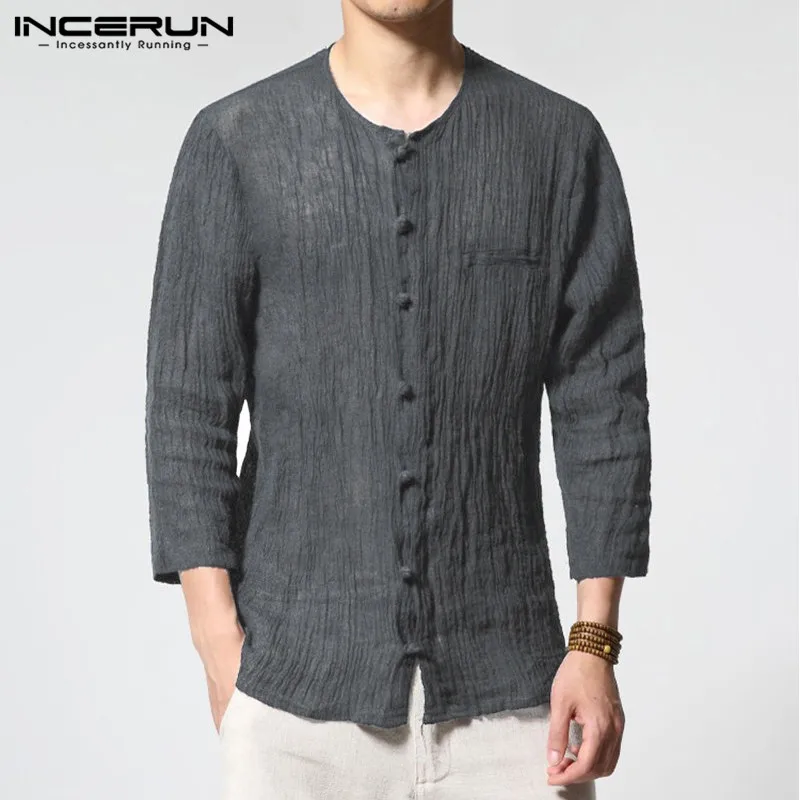 INCERUN, винтажные повседневные рубашки, мужские, хлопок, вырез лодочкой, три четверти, тонкие футболки, топы, рубашки, мужские, одноцветные, S-3XL, летние, китайский стиль