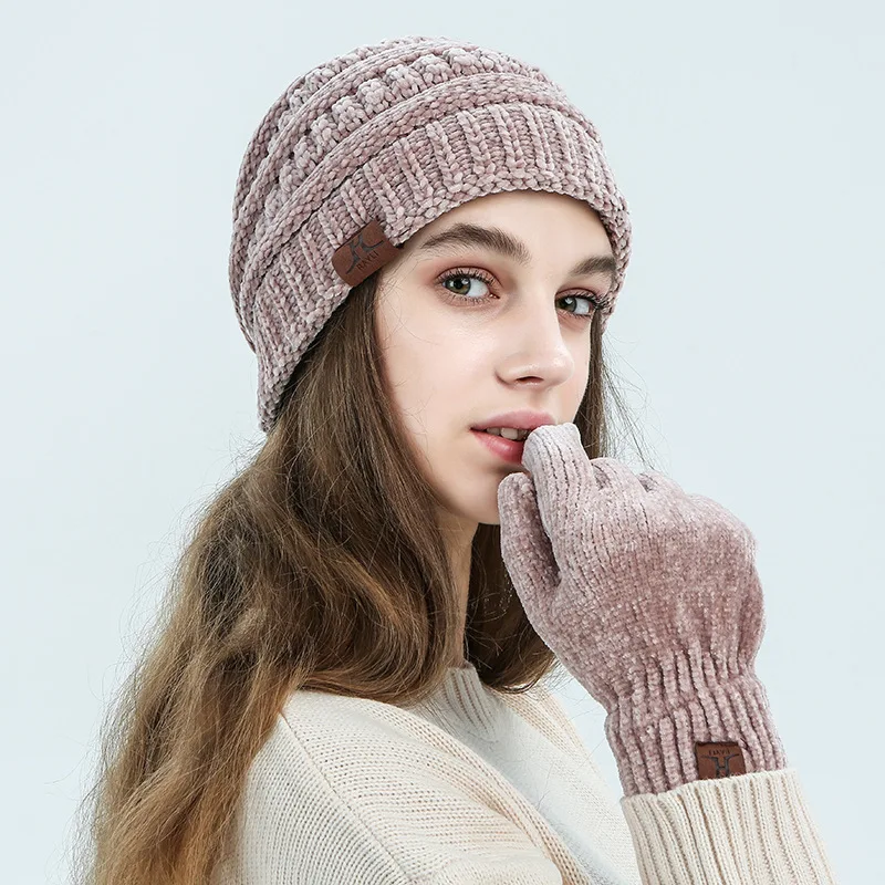 Зимняя шапка перчатки набор для женщин зимние шапки с Синель котятами плотные