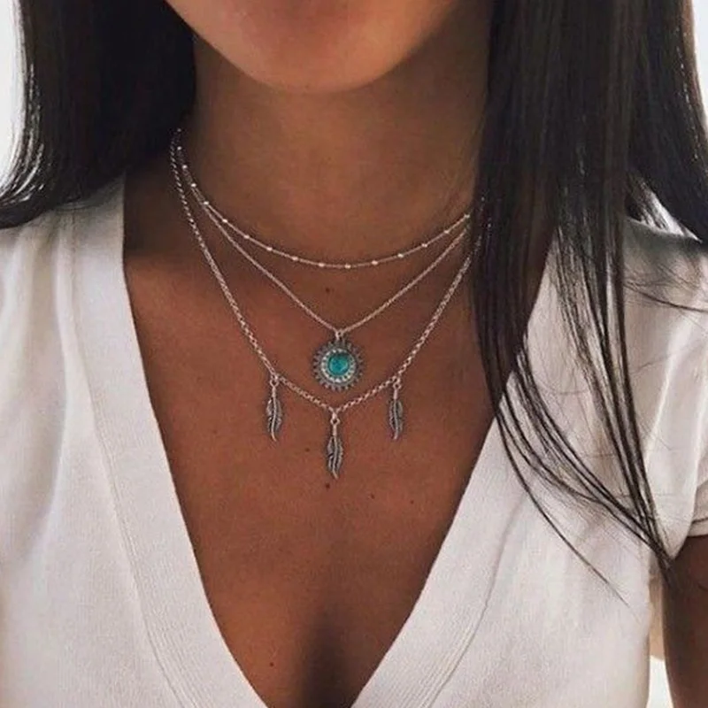 

New Necklace Fashion Bohemian Style Ancient Silver Songshi Female Multi-layer Necklace Combination Hot Sell Jewelry Wholesale