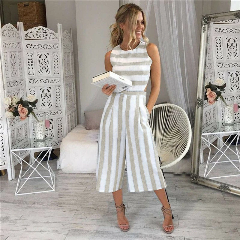 

Women New Casual Office Long Wide Leg Pants Striped Jumpsuits Overalls Sleeveless Rompers Hollow Out One Piece Clothes Jumpsuit