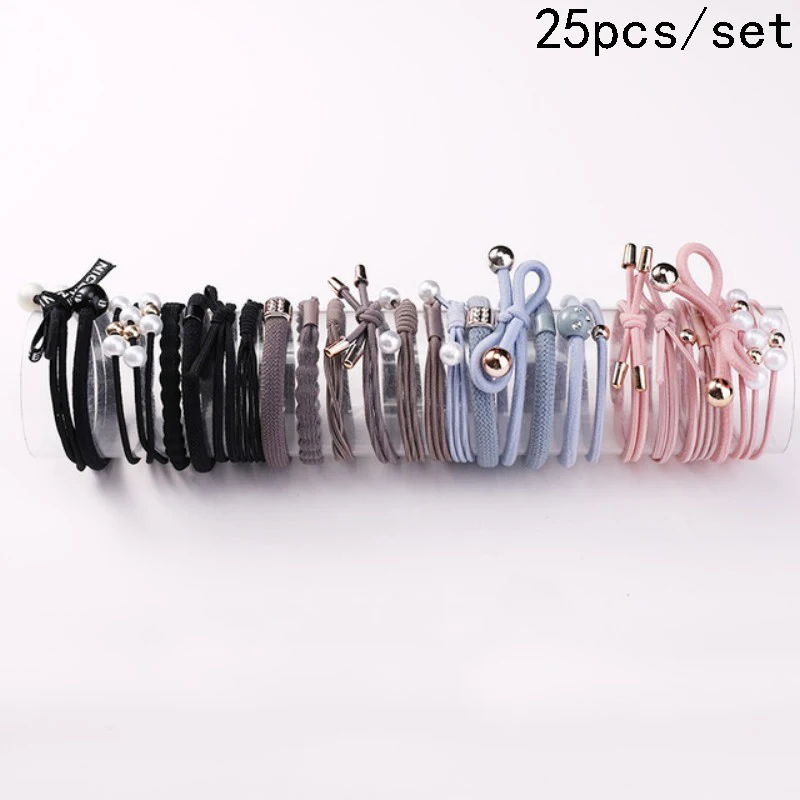 set 21 8/12/16/20/25 шт. Для женщин; обычная блузка для девочек; платье с жемчужинами; резинка для волос, обтянутая тканью; трикотажные резинки для волос хвост держатель повязки для волос аксессуары для волос комплект - Цвет: set 21