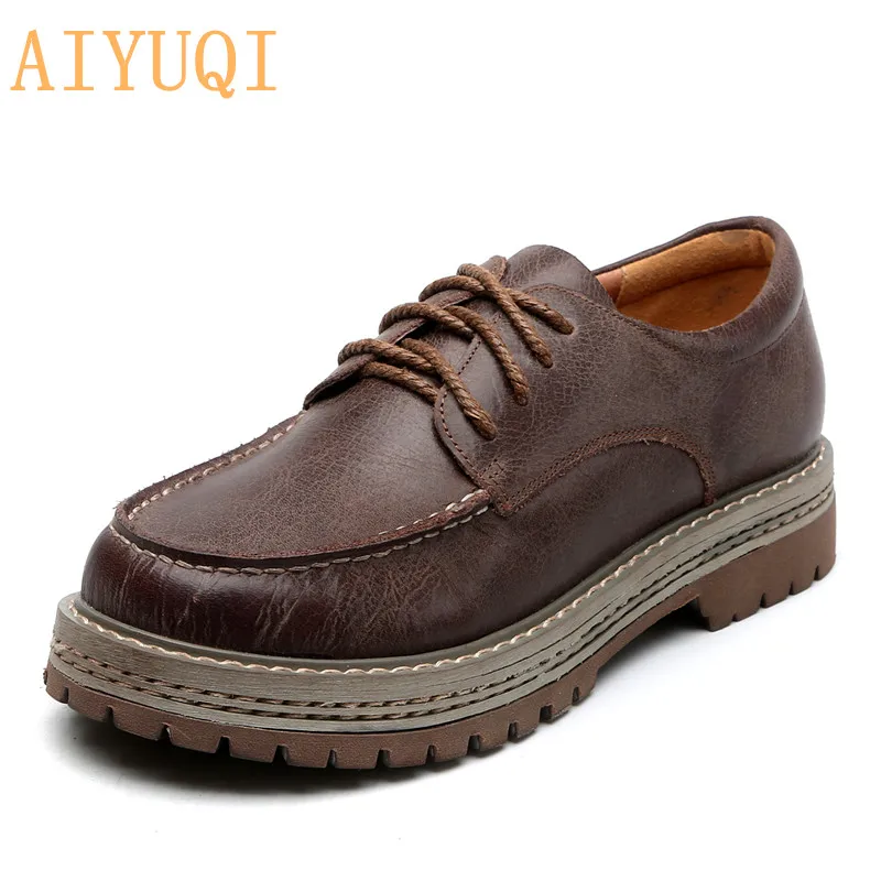 brown AIYUQI обувь из натуральной кожи; женская обувь; Новинка года; британский стиль; обувь для учащихся на шнуровке в стиле ретро; женская повседневная обувь на плоской подошве - Цвет: brown