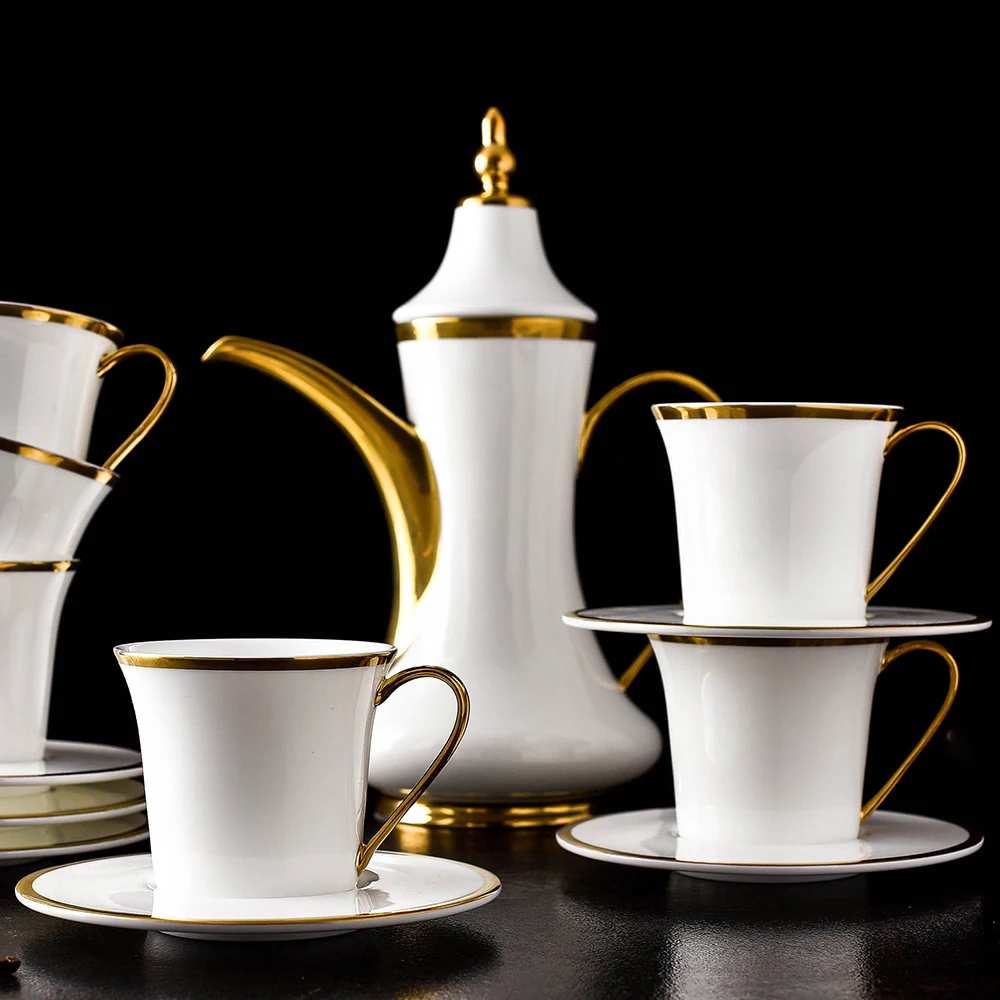 

European Style Hand Drawn Gold Line Coffee Pot Coffee Cup Saucer Spoon Set Luxury Ceramic Mug Top-grade Porcelain Tea Cup Set