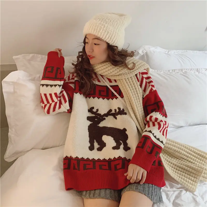 Женский вязаный свитер с круглым вырезом и длинными рукавами Рождественский