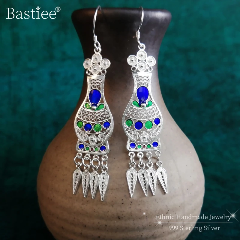 Bastiee S999 Sterling Silver Drop Earrings for Women Vintage Vase Cloisonne Enamel Boho Ethnic Handmade Retro Luxury Earings