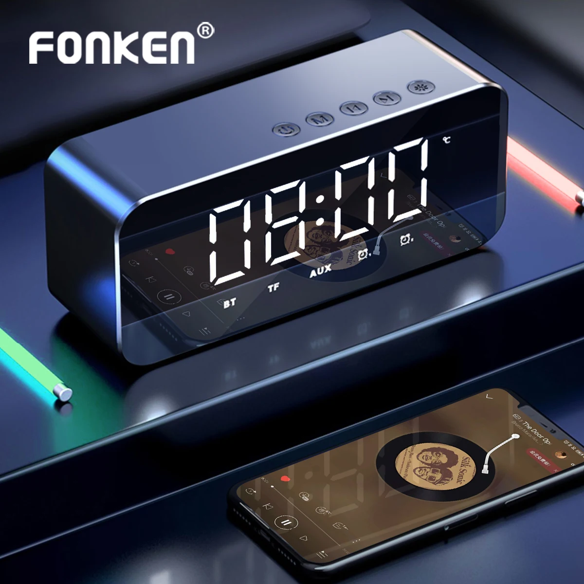 

Popular Wireless Bluetooth Speaker Multifunction Alarm Clock Music Player FM Radio Temperature TF Card Bass Speaker Audio System