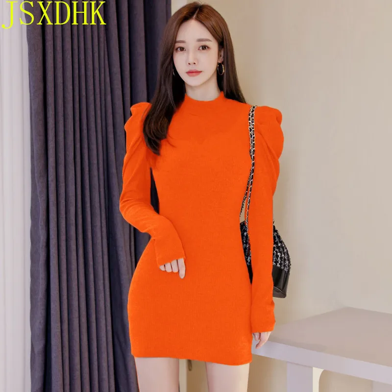 

Новинка Осень 2020 пуловер с пышными рукавами вязаные платья облегающее платье-карандаш эластичное вязаное платье деловые офисные мини-плат...