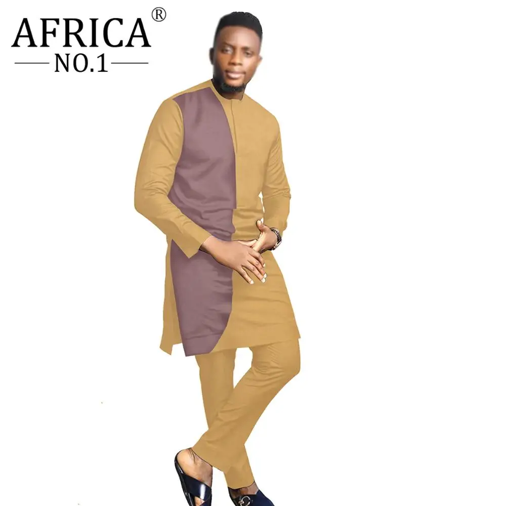 2021 Spring African Men Hippie Clothing Summer Bicolor Loose Long Sleeve Casual Contracted Design Set Shirt 2 Piece Outfit