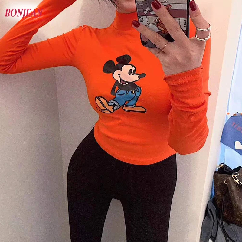 Женская водолазка с Микки Маусом Повседневная теплая плотная Базовая футболка