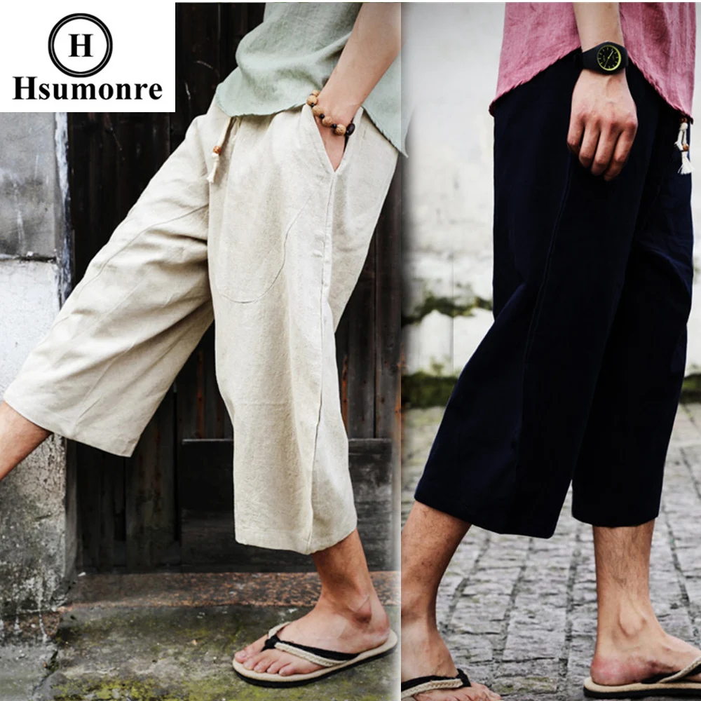 

Flared Drawstring Harem Pants Cropped Pants Hip-hop Joggers Pants Drop Crotch Solid Color Baggy Linen Pants with Four Pockets