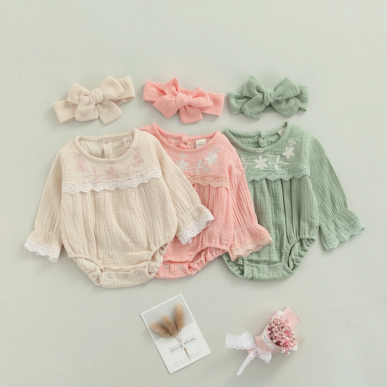 

Spring Summer Baby Girl’s Long Sleeve Romper with Headband Fashion Embroidery Round Neck Triangle Jumpsuits Bodysuits