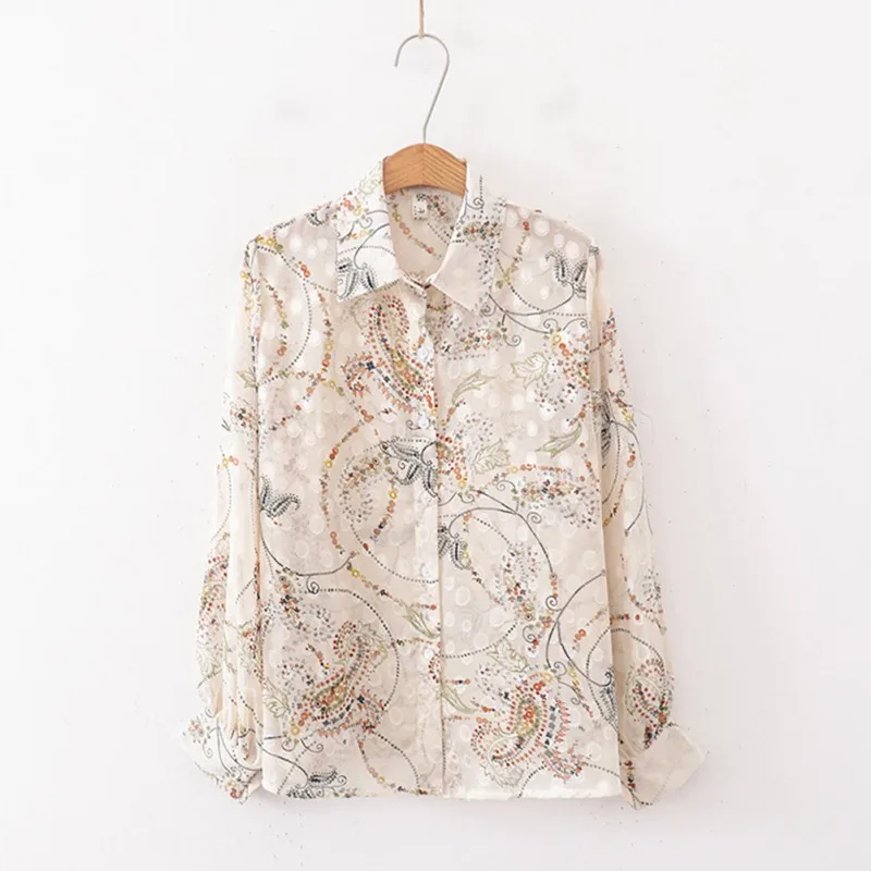 

Jlong Sexy Perspective Air-conditioning Shirt Sunscreen Summer Lantern Sleeves Floral Print Tops