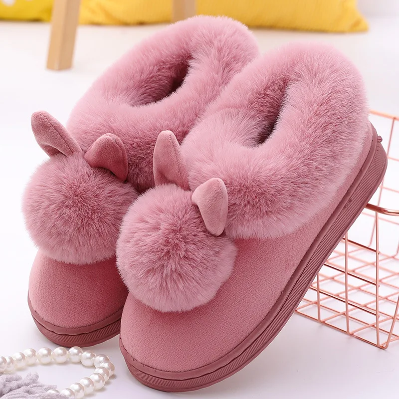 

Cartoon Women Home Slippers Rabbit Ears Slip On Soft Soled Winter Warm House Shoes Ladies Girls Indoor Outdoor Fur Footwear