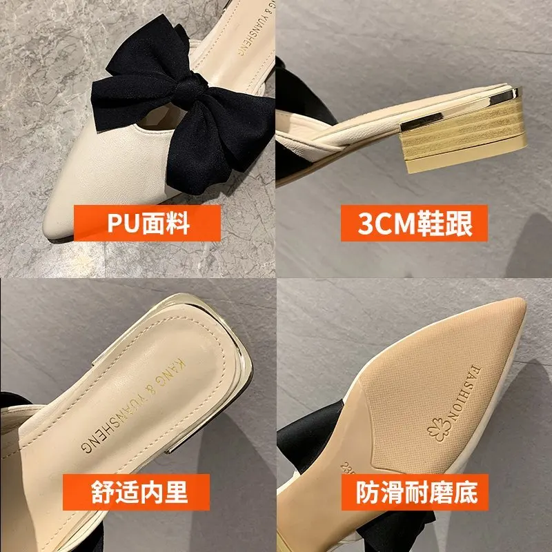 

Mules For Women 2021 Slippers Casual Female Shoes Pointed Toe Low Square heel Butterfly-Knot Slides Luxury Soft New Cover Block